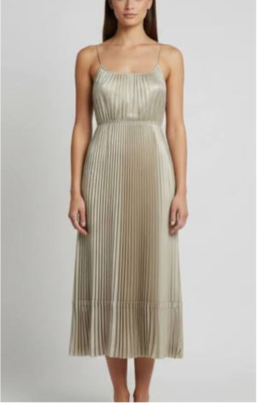 AllSaints Silvi Pleated Metallic Midi Dress Champagne Beige Size Large